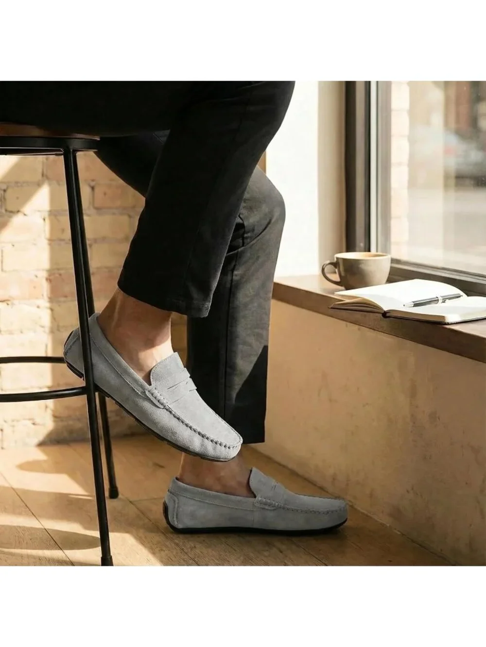 Men's Grey Suede Penny Loafers Slip-On Driving Moccasins Casual Flat Shoes